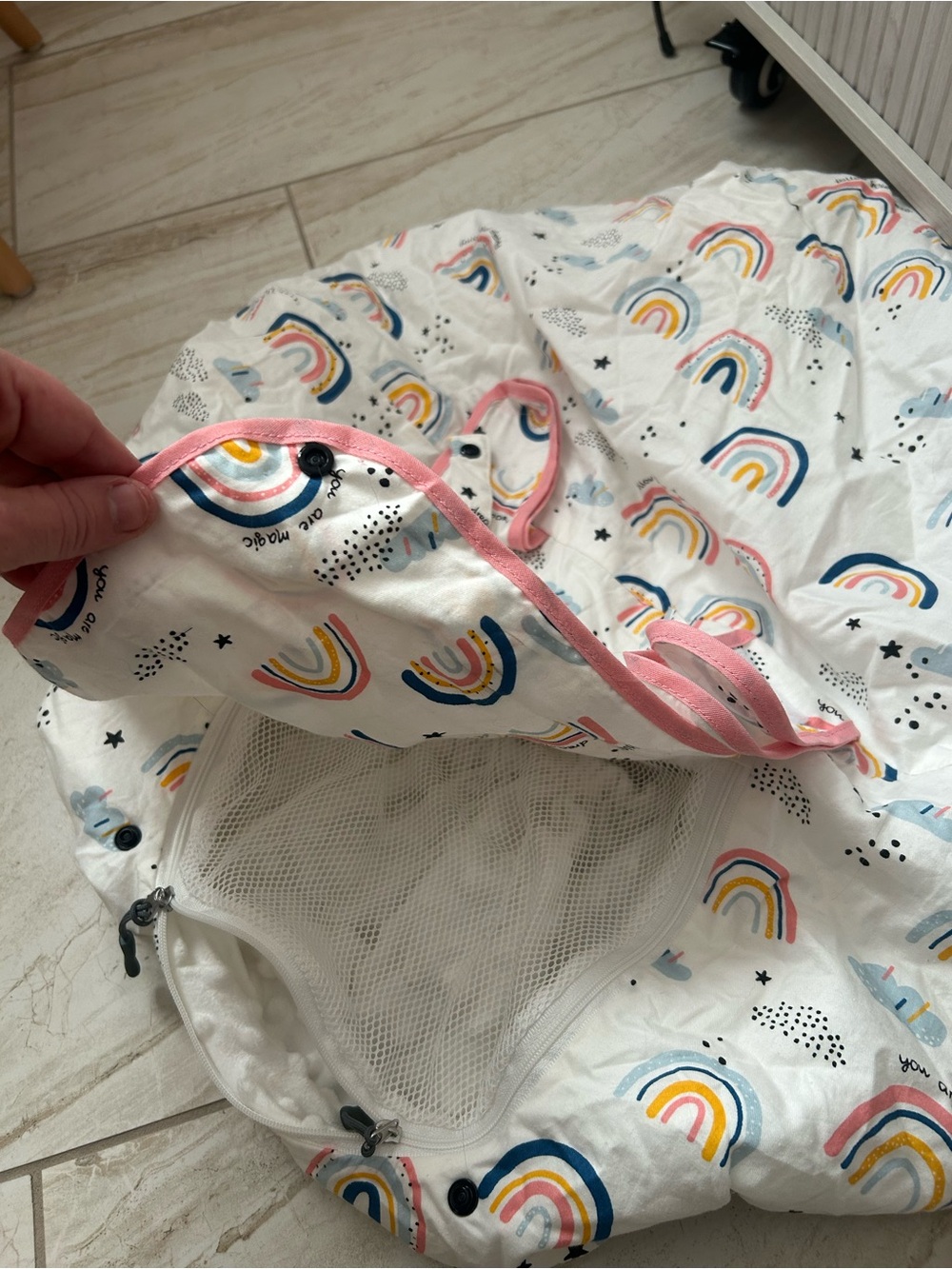Infant car seat carrier cover with mesh peek screen